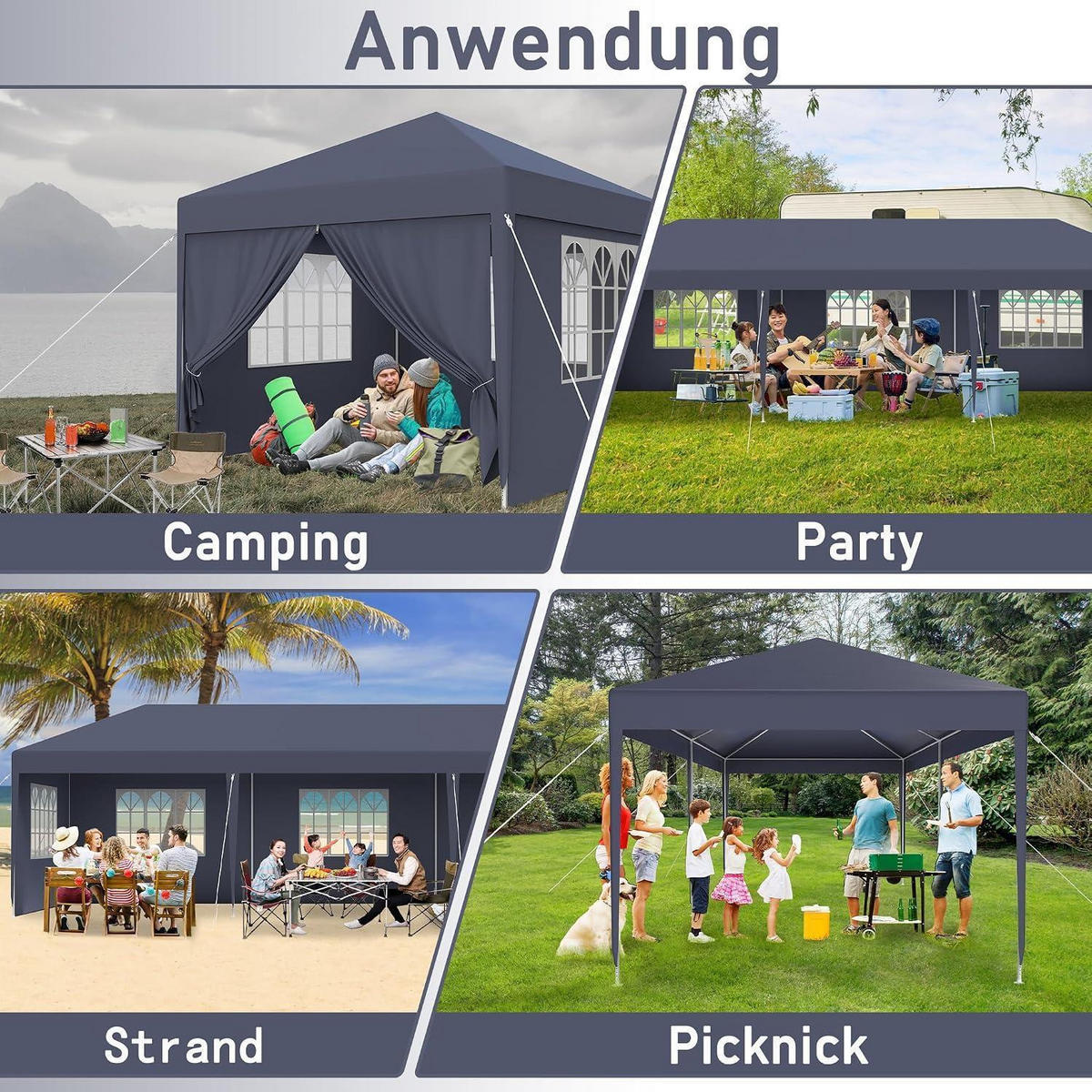 GARTENPAVILLON 3 x 3 m Anthrazit mit Seitenteilen und Fenstern - Anthrazit, Textil (300/250/300cm)