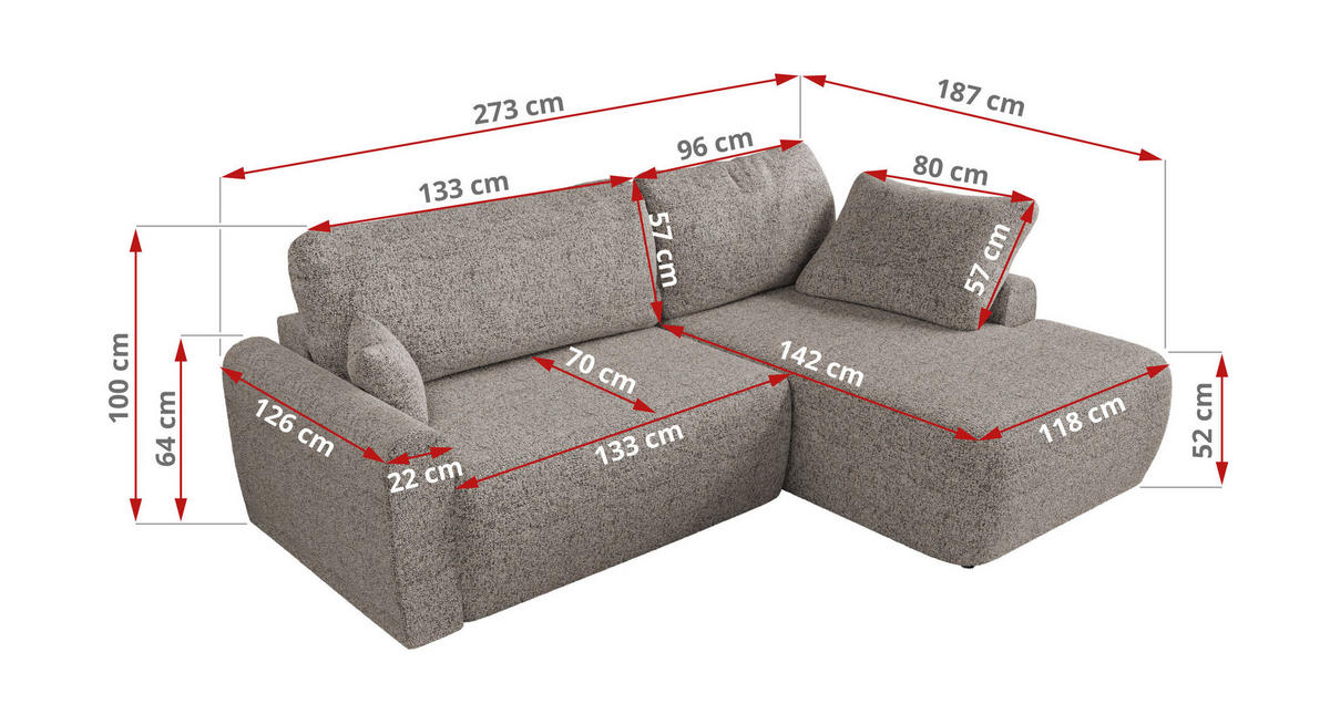 ECKSCHLAFSOFA CUBO L Beige Struktur - rechts - Beige/Schwarz, Kunststoff/Textil (187/273cm) - MKS
