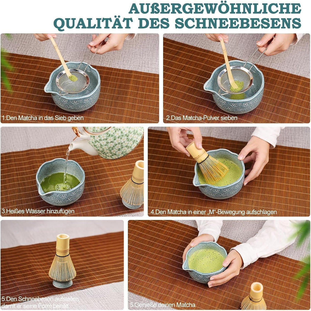 MATCHA Set 7-teiliges traditionelles Tee-Set mit Bambusbesen und Schale - Dunkelblau, Keramik (15/10/15cm)