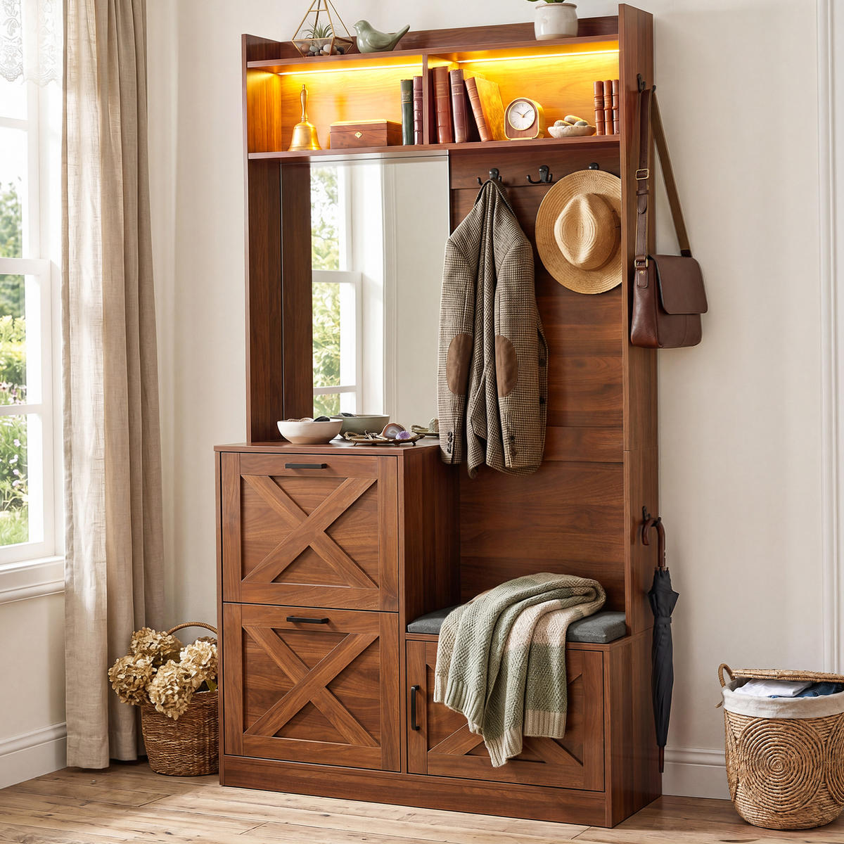 GARDEROBE Schuhschrank Spiegel LED App PB MDF - Walnussfarben, Holzwerkstoff (100/180/25cm) - FLIEKS