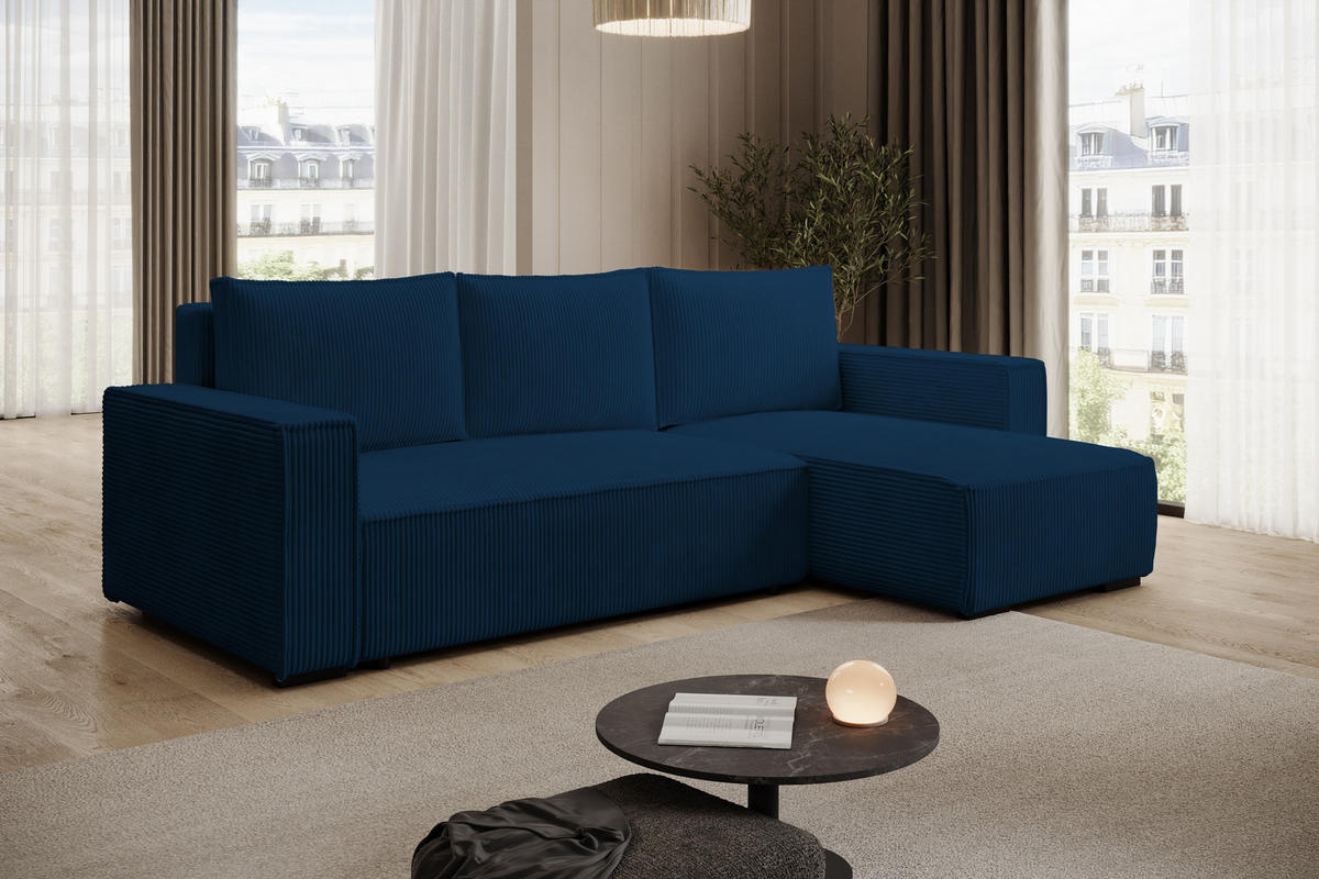 ECKSOFA CUDDY L, Eckcouch in L-Form mit Schlaffunktion und Bettkasten, Farbe: Blau, Cordstoff, Ottomane Rechts - Blau, Textil (240/140cm) - Storez24