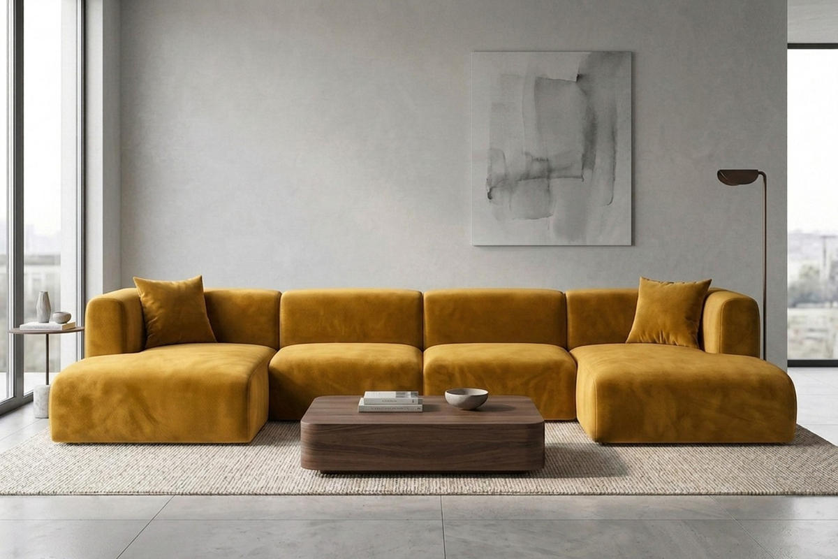 ECKSOFA U-Form, Velvet-Stoff Bluvel, Golden, GRETA - Goldfarben, Holz (408/70/179cm) - Kaiser Möbel