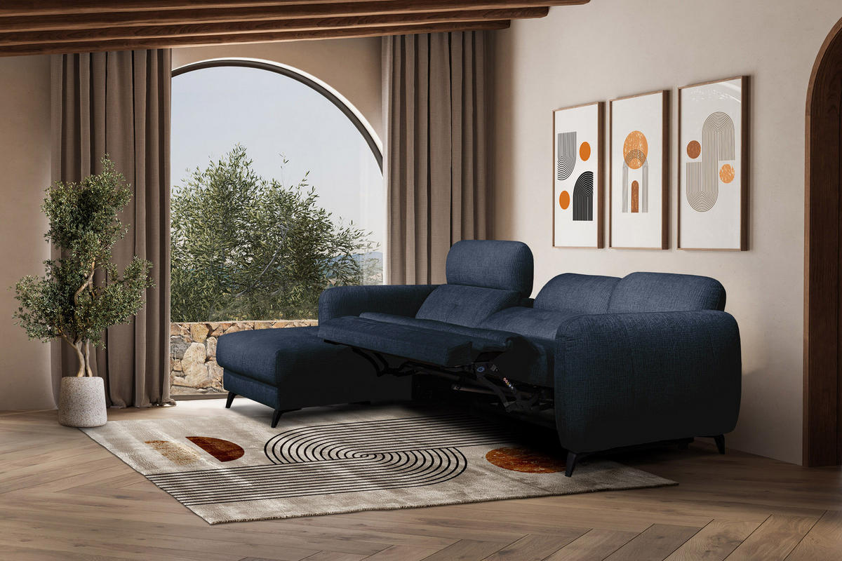 ECKSOFA SVEN 3-Sitzer, 1 Relax XL, verstellbare Kopfstützen, navy blue - Schwarz/Dunkelblau, Holzwerkstoff/Textil (256/163cm) - Courtois Laville