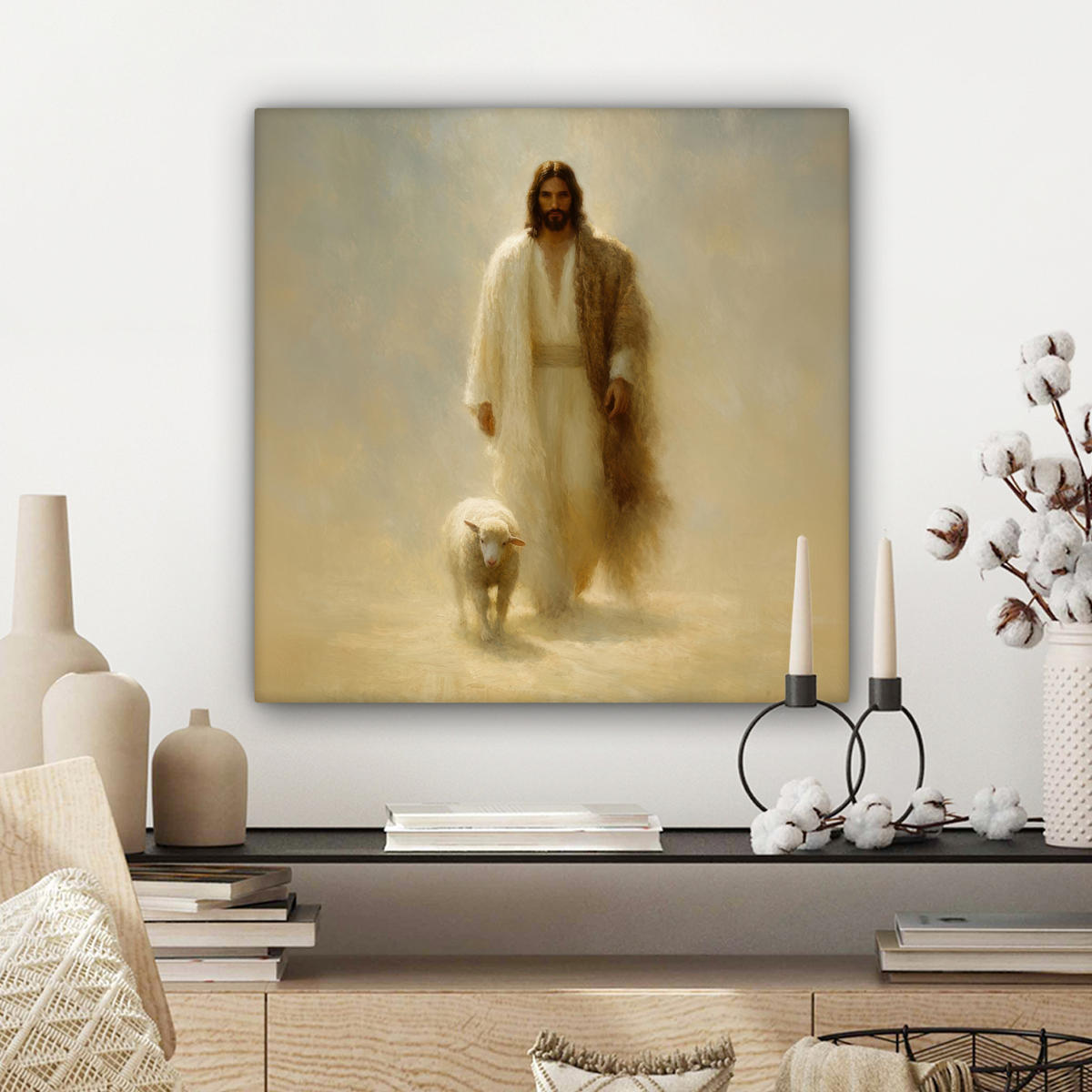 LEINWANDBILD Schaf - Jesus - Pinselstriche - Abstrakt Wandbild Wohnzimmer 50x50 cm - Sandfarben, Textil (50/50cm) - MuchoWow
