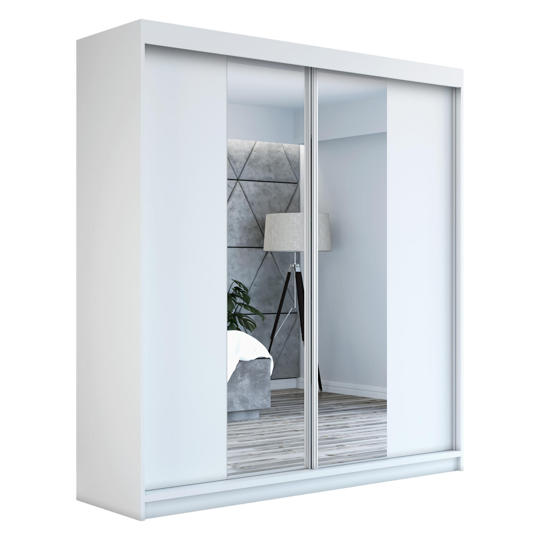 A&J MöbelLand Schwebetürenschrank Weiß, Weiß, Weiß 180x215x59.5 cm