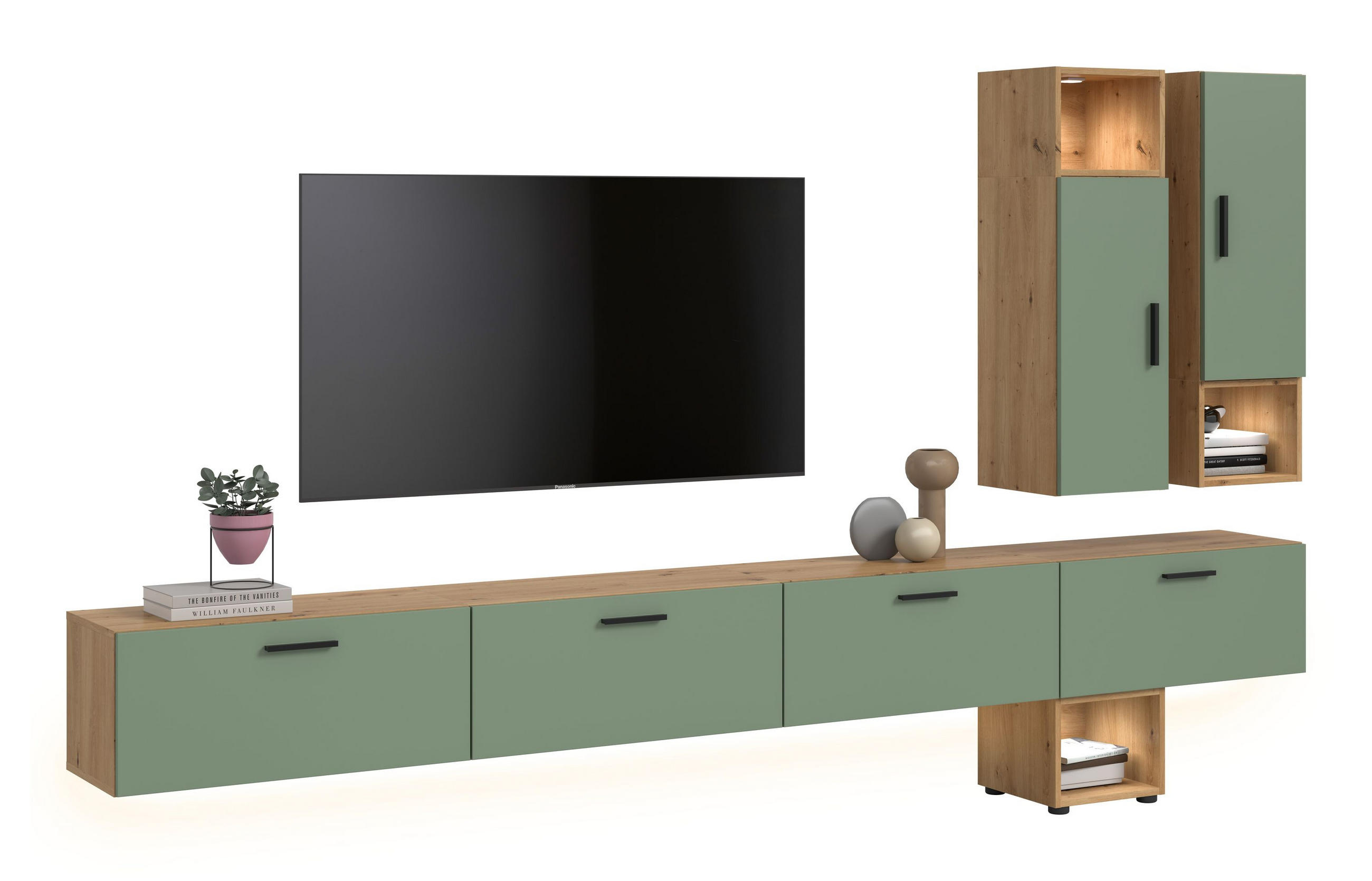 WOHNWAND inkl Beleuchtung Primo 6 tlg. (B/H/T: ca. 300/178/34 cm) in Artisan Oak /Smoke Green - Eiche Artisan, Holzwerkstoff (300/178/34cm)