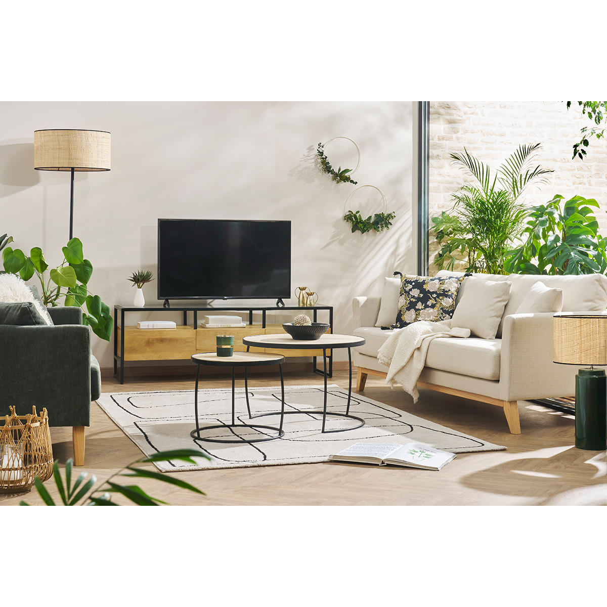 COUCHTISCH Verschachtelt Massiv Mangoholz Metall BARREL - Dunkelbraun, Holz (65/65/45cm) - Miliboo