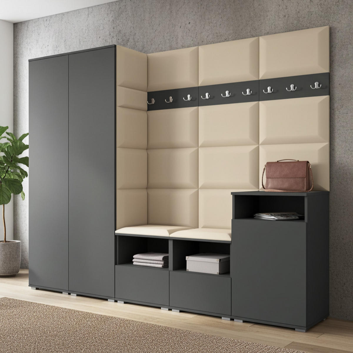 GARDEROBE NELA VIII 250 cm (Modulare Flurmöbel Graphit mit Sitzpolster Beige 04 2 Schränke + Sideboard) - Beige/Silberfarben, Holz/Holzwerkstoff (250/187/40cm) - Ravio