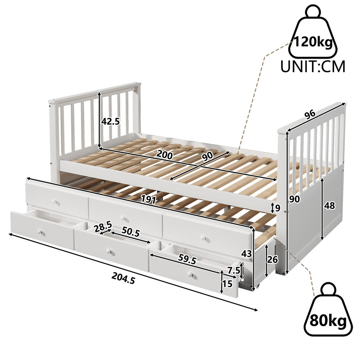 JEDNOLÔŽKOVÁ posteľ 90/200 cm biela z borovicového dreva a MDF s výsuvným lôžkom a 3 zásuvkami - biela, kompozitné drevo (90/200cm) - OKWISH
