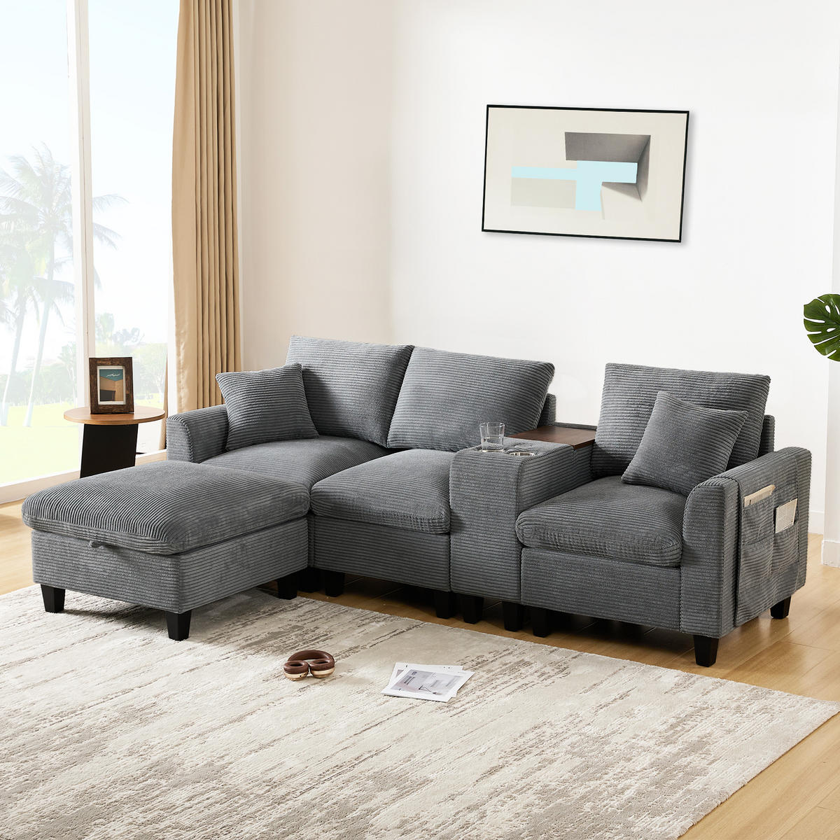 ECKSOFA 229/149.5/83 cm Grau mit Konsole, 2 Becherhaltern, USB und Aufbewahrungstasche - Grau, Kunststoff/Textil (229/149.5cm) - Oxeza
