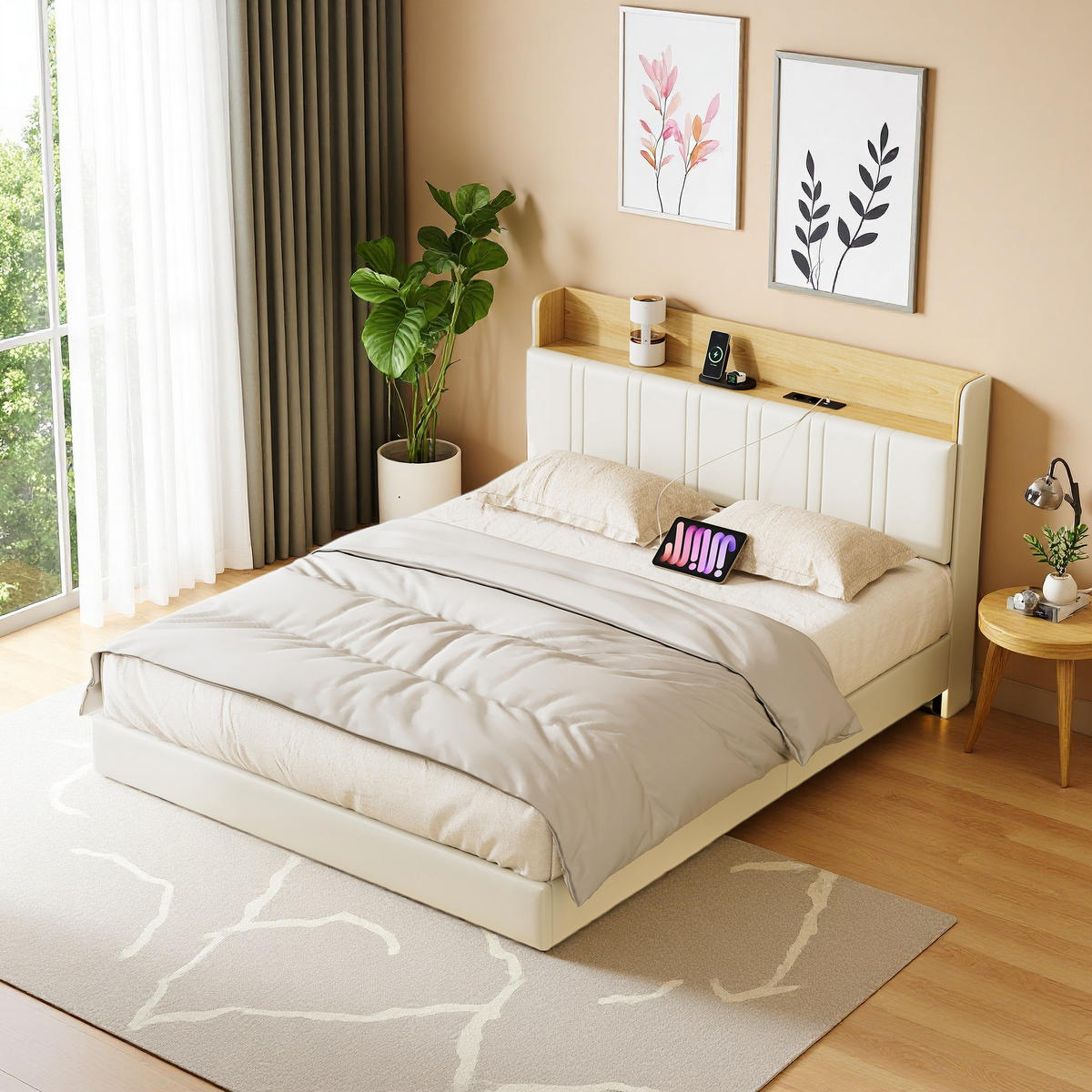 SCHWEBENDBETT 140x190 WEIß PU HOLZ LED SEITENTASCHE - Weiß, Holzwerkstoff (140/200cm) - SHOPENTRA