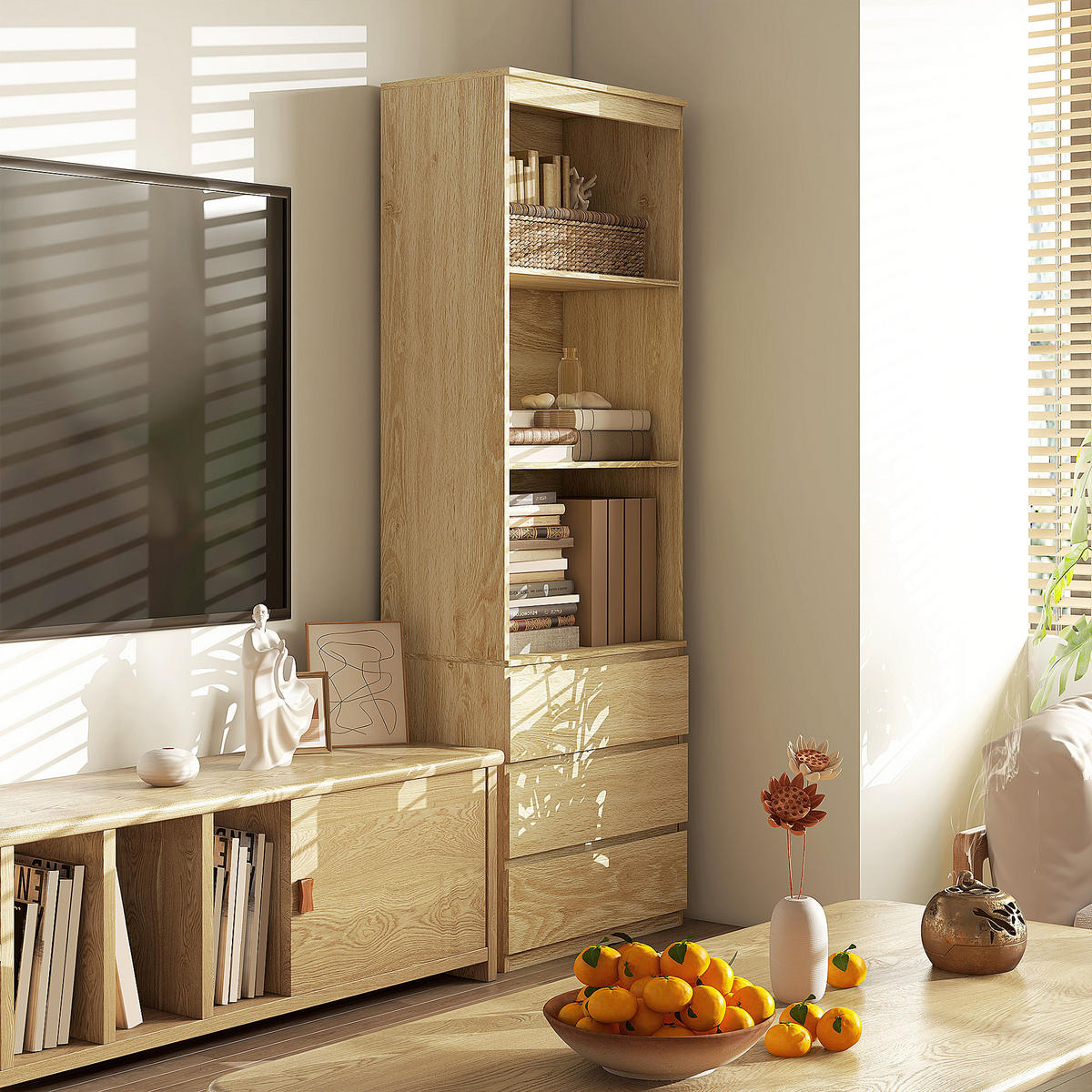 AKTENREGAL DE-14433 180 cm, 3 Böden und 3 Schubladen Holzoptik - Naturfarben, Holzwerkstoff (35/180/60cm) - ComfortXL