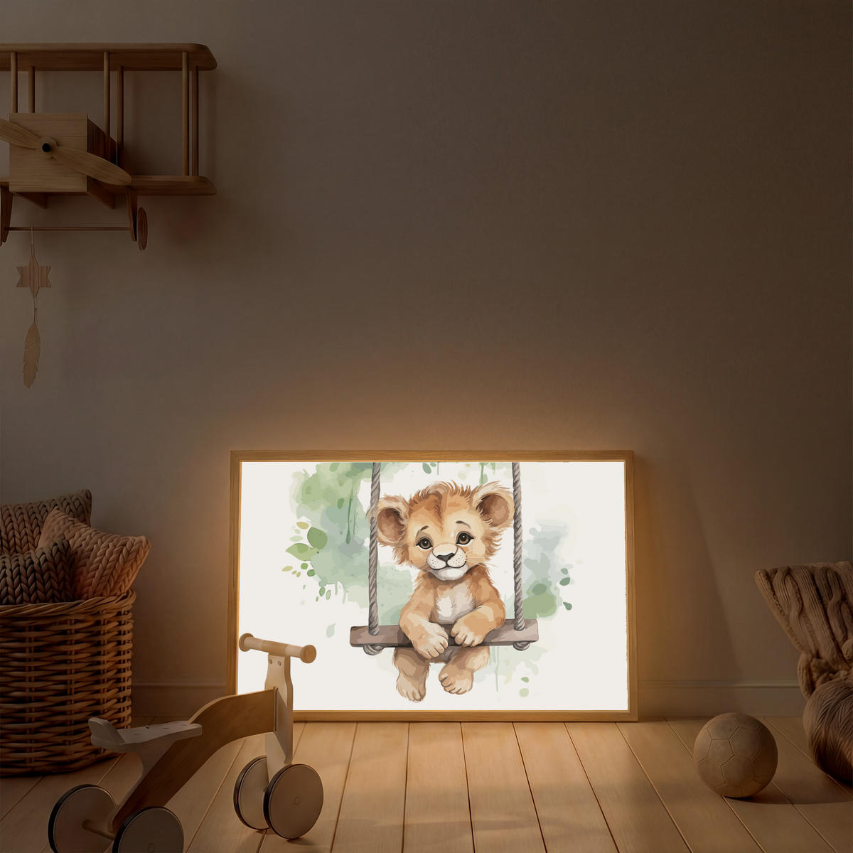 WANDLEUCHTE MIT AKKU Löwe - Tier - Kinder - Dschungel 90x60 cm - Weiß, Holzwerkstoff (90/60/8cm) - OnlyWow