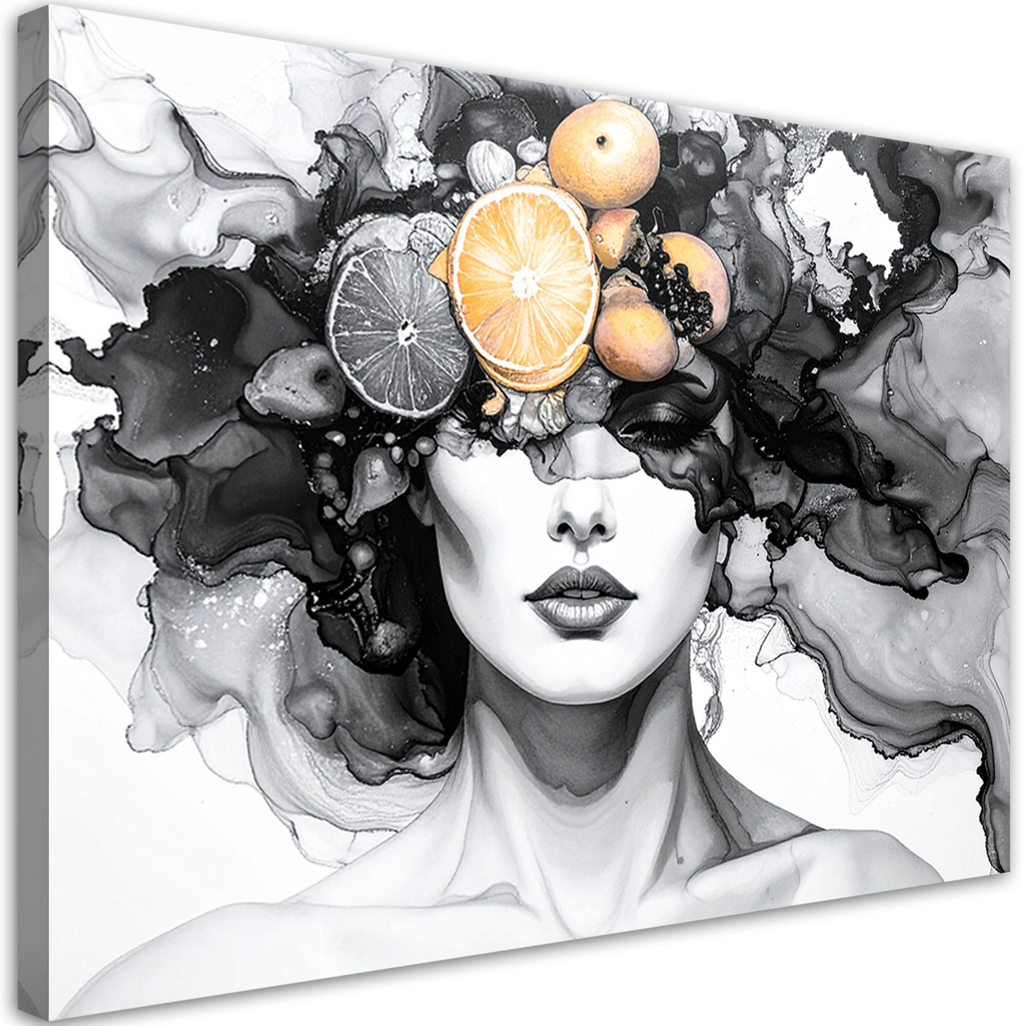 LEINWANDBILD Frau mit Früchten auf dem Kopf 100x70cm - Grau, Textil (100/70cm) - Feeby