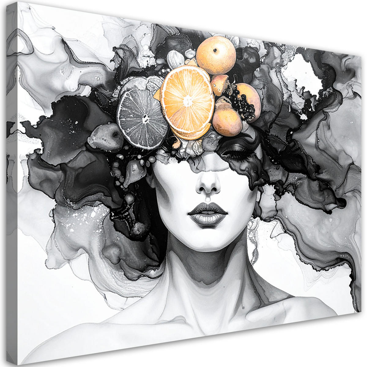 LEINWANDBILD Frau mit Früchten auf dem Kopf 100x70cm - Grau, Textil (100/70cm) - Feeby
