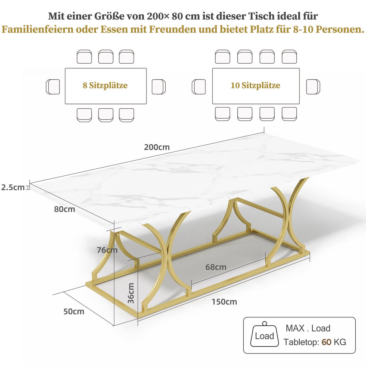 ESSTISCH Weiß + Gold mit Metallbeinen und verstellbaren Fußgleitern 200/80/76 cm - Weiß, Holz (80/200/76cm) - Oxeza