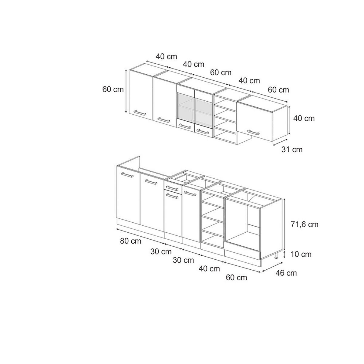 KÜCHENZEILE R-Line Beton/Goldkraft Eiche 240 cm ohne Arbeitsplatte - Schieferfarben/Eiche Wotan, Holzwerkstoff (240/81.6/46cm) - Vicco