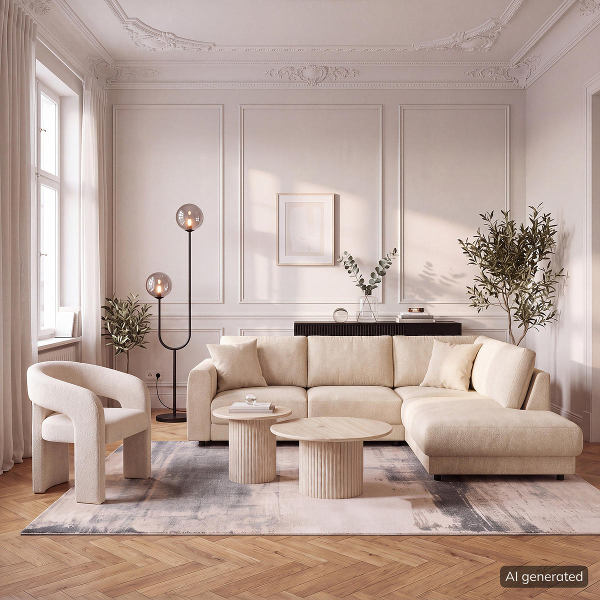 ECKSOFA mit Ottomane - Beige/Schwarz, Holz/Kunststoff (267/254cm) - home24