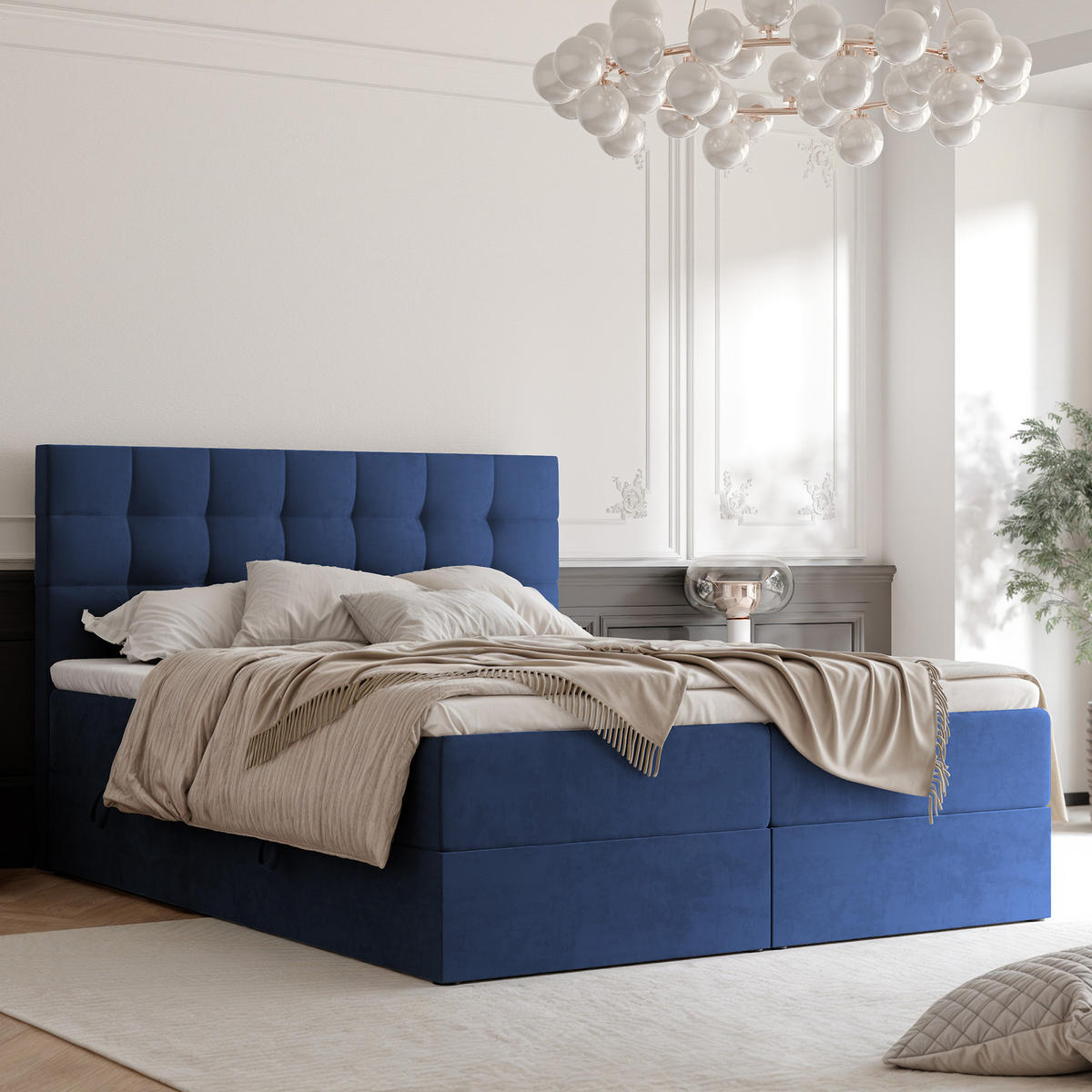 BOXBETT GRAND 180/200 cm, in Marineblau, mit Matratze und Topper - Dunkelblau, Holzwerkstoff/Textil (180/200cm) - Idohome