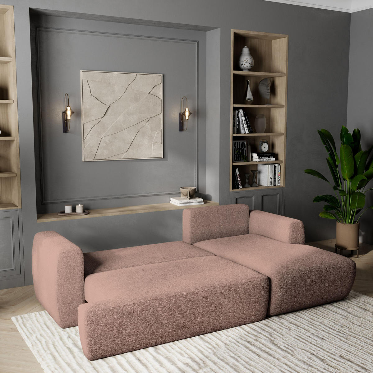 ECKSOFA SENTI N R-S Rosa Boucle-Stoff mit Schlaffunktion - Rosa, Holz (246/148cm) - MASSENO