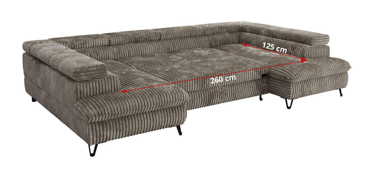 WOHNLANDSCHAFT PABLO U Cord Hellbraun mit Topper Visco - Schwarz/Grau, Textil/Metall (346/76/208cm) - MKS