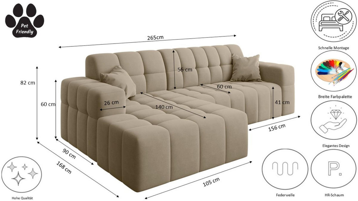 ECKSOFA L-förmiges Nimes Velours Stoff Beige Links - Beige, Holz/Kunststoff (168/265cm) - Kaiser Möbel