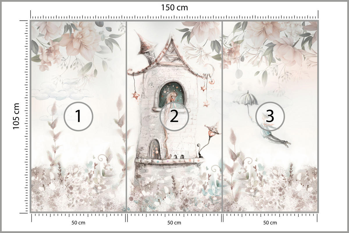 FOTOTAPETE für Kinderzimmer Prinzessin Turm Blumen Pflanzen 150x105 - Multicolor, Papier (150/105cm) - Muralo