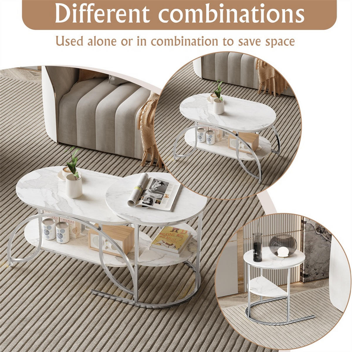 COUCHTISCH 2er-Set - Ovaler und Runder Beistelltisch mit Ablage in Marmoroptik - Weiß und Silber - Weiß, Holzwerkstoff (46/80/45cm) - DELFA