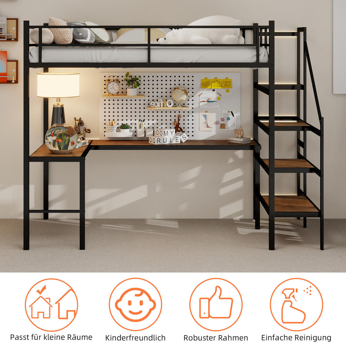 HOCHBETT 90/190 cm aus Eisen mit L-förmigem Schreibtisch und Stauraumtreppe Schwarz - Schwarz, Metall (90/190cm) - Modenvie