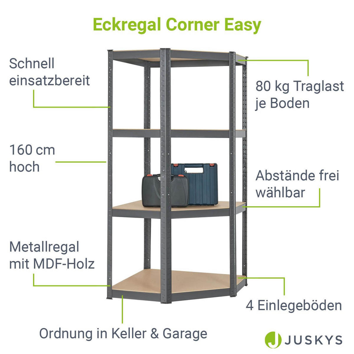 ECKREGAL Lagerregal Corner Easy grau 160x75x75 cm - Grau, Metall (75/160/75cm) - Juskys