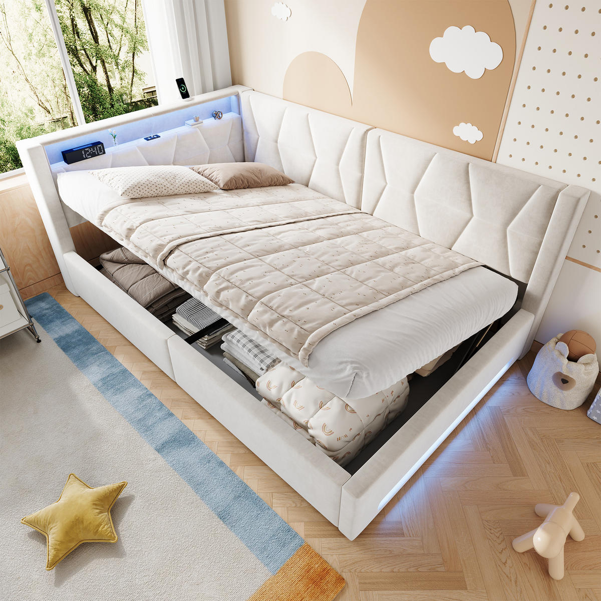 BOXBETT 140/200cm, LED/USB-C, Bettkasten, Lattenrost, Beige - Beige, Holz/Metall (140/200cm) - LVHOM