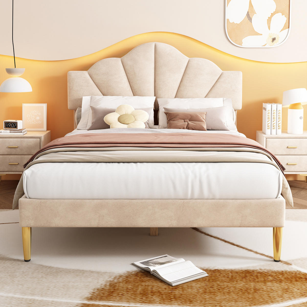 POLSTERBETT 140/200 cm aus Samt mit verstellbarem Kopfteil und goldfarbenen Metallbeinen, Beige - Beige, Textil (140/200cm) - Redom