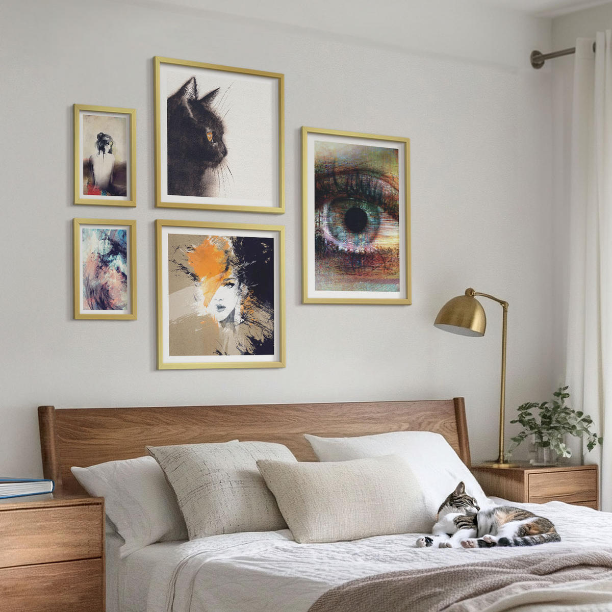 WANDBILDER 5er Set - 50x50 cm & 20x30 cm & 40x60 cm Goldrahmen - Gelbgrau-braune Wellen - Goldfarben, Kunststoff (40/60cm) - ArtPrintCave