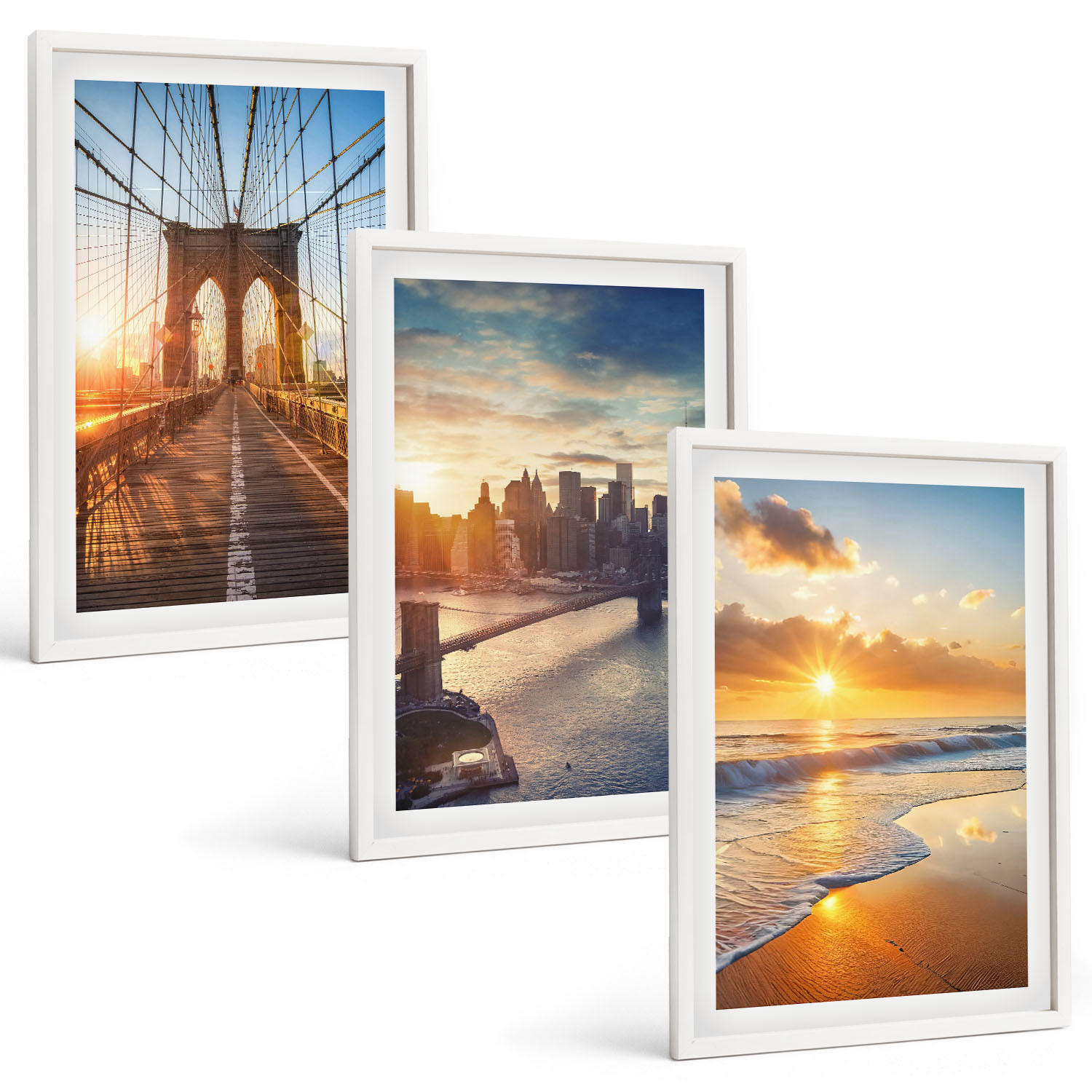 BILDER SET 3er Set - 40x60 cm Weißer Rahmen - Brücken, Sonnenuntergänge, Stadt - Weiß, Kunststoff (40/60cm) - TULUP