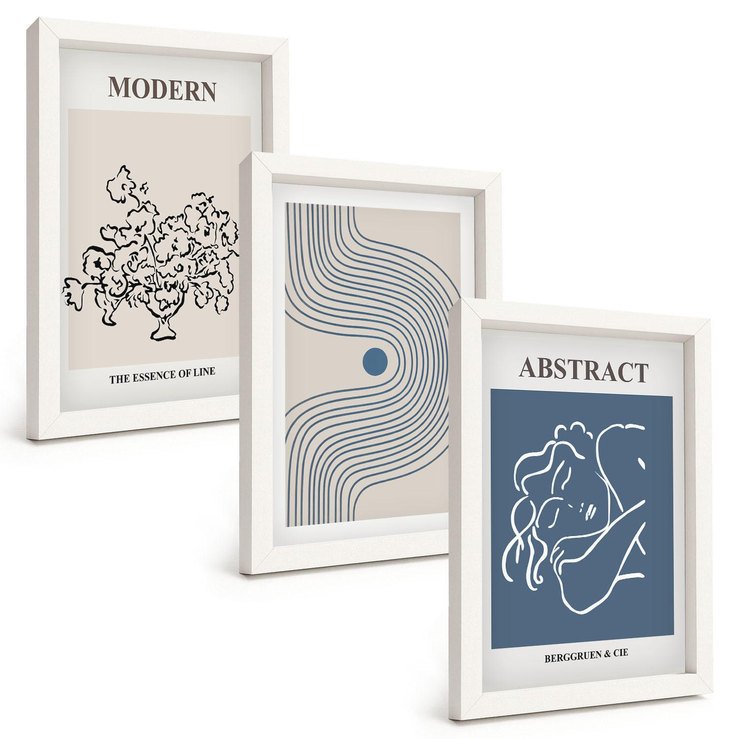 BILDER SET 3er Set - 20x30 cm Weißer Rahmen - abstrakte Poster mit Blumenlinien - Weiß, Kunststoff (20/30cm) - TULUP