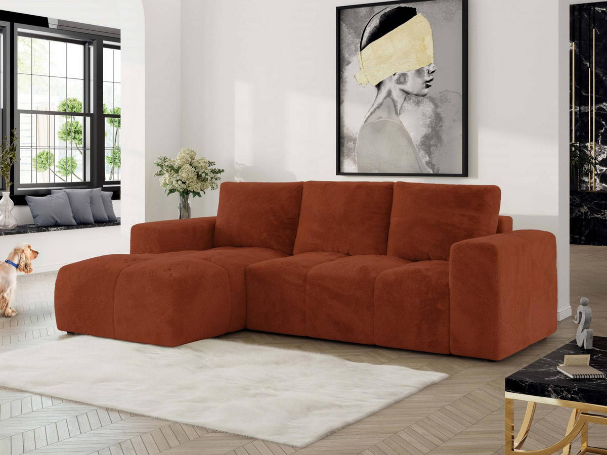 ECKSOFA MONIVA Orange Plüsch - Links - Schwarz/Orange, Textil (164/266cm) - MKS