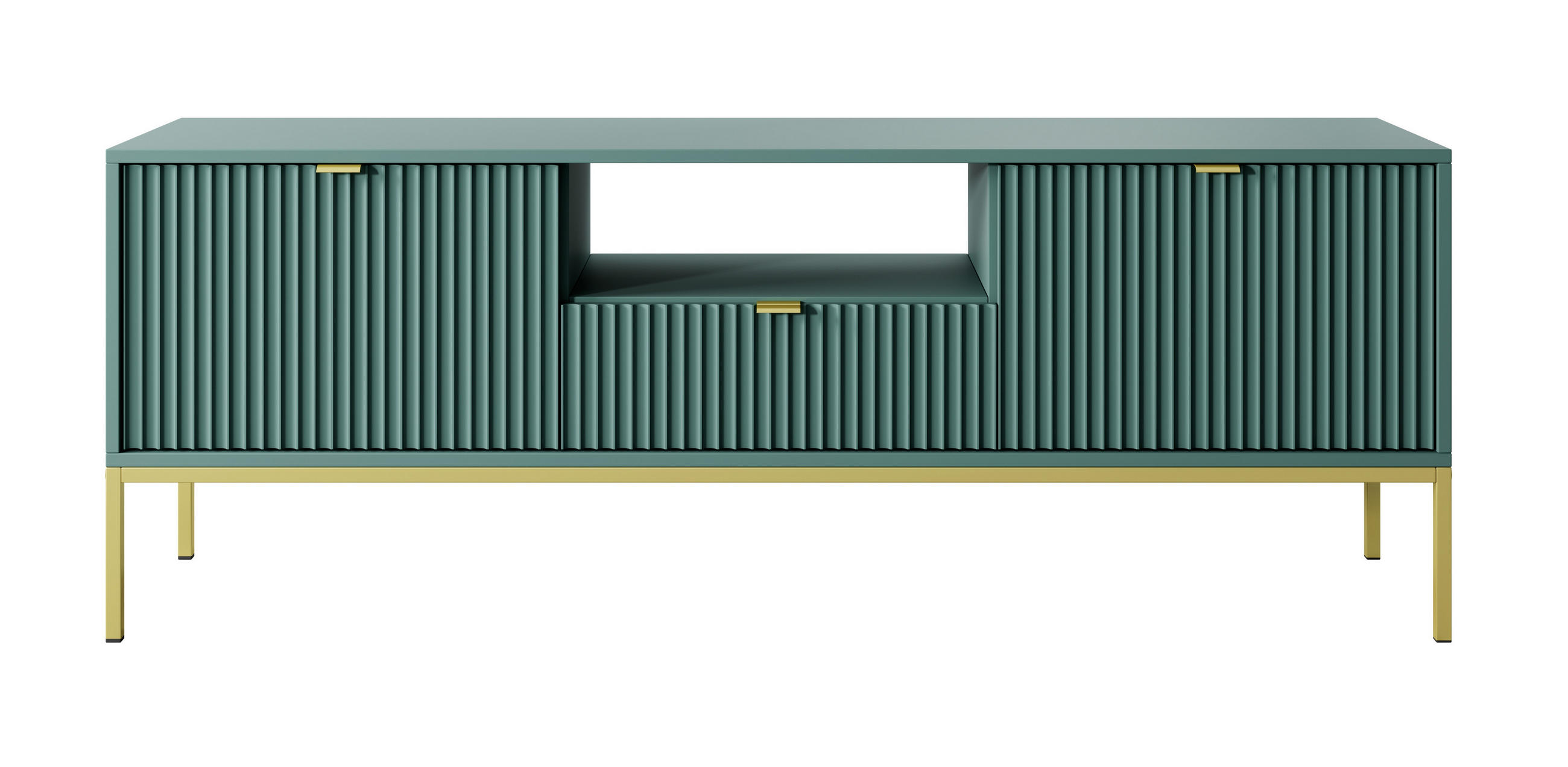 LOWBOARD Eternas 2T 1S Grün 154/56/39 cm – goldene Füße, mit geriffelten Fronten und offener Ablage - Goldfarben/Grün, Holzwerkstoff (154/56/39cm) - AX Living