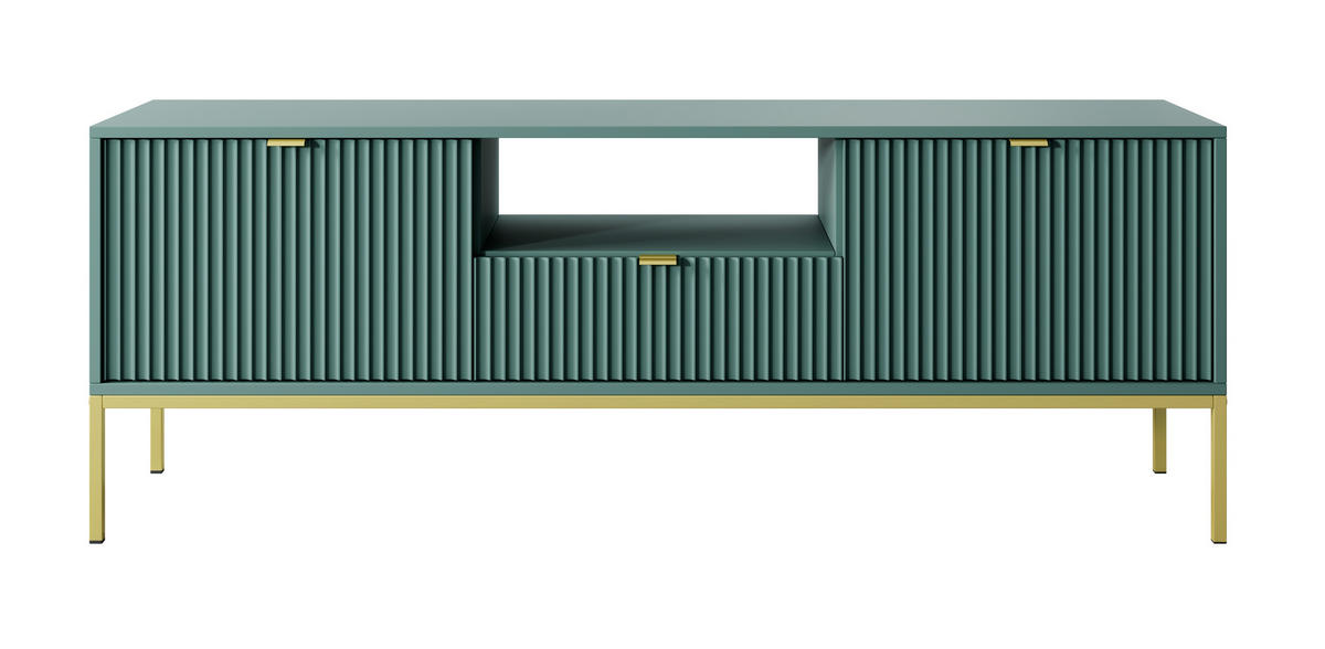 LOWBOARD Eternas 2T 1S Grün 154/56/39 cm – goldene Füße, mit geriffelten Fronten und offener Ablage - Goldfarben/Grün, Holzwerkstoff (154/56/39cm) - AX Living