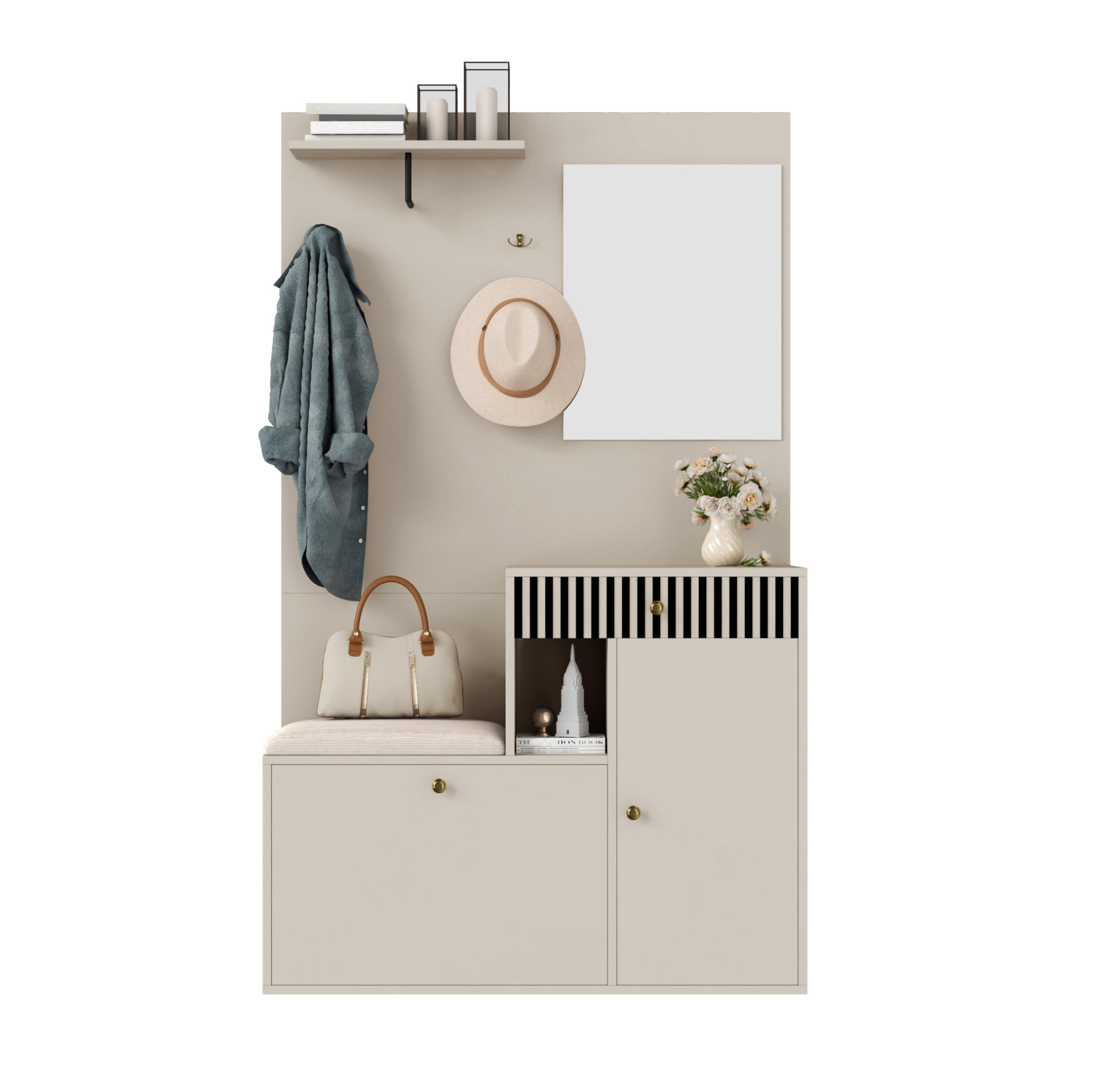 DIELENGARDEROBE mit Spiegel und Sitzbank 110/37/185,5 cm in Kaschmir - Beige, Holzwerkstoff (110/185.5/37cm) - BEAOK