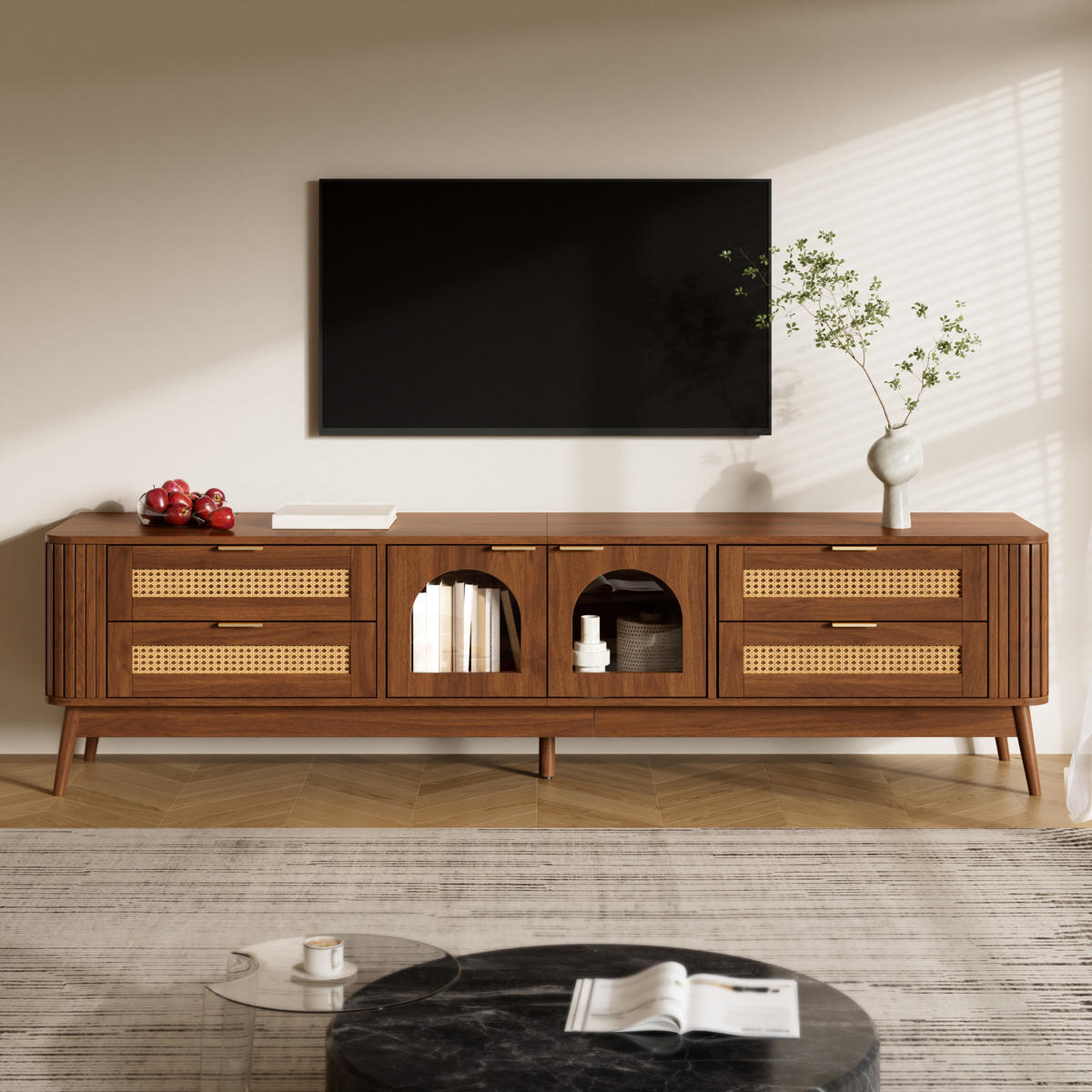 TV-SCHRANK LED Glas Türen Sideboard Massivholzbeine Modern - Walnussfarben, Holzwerkstoff (180/50/40cm) - FLIEKS
