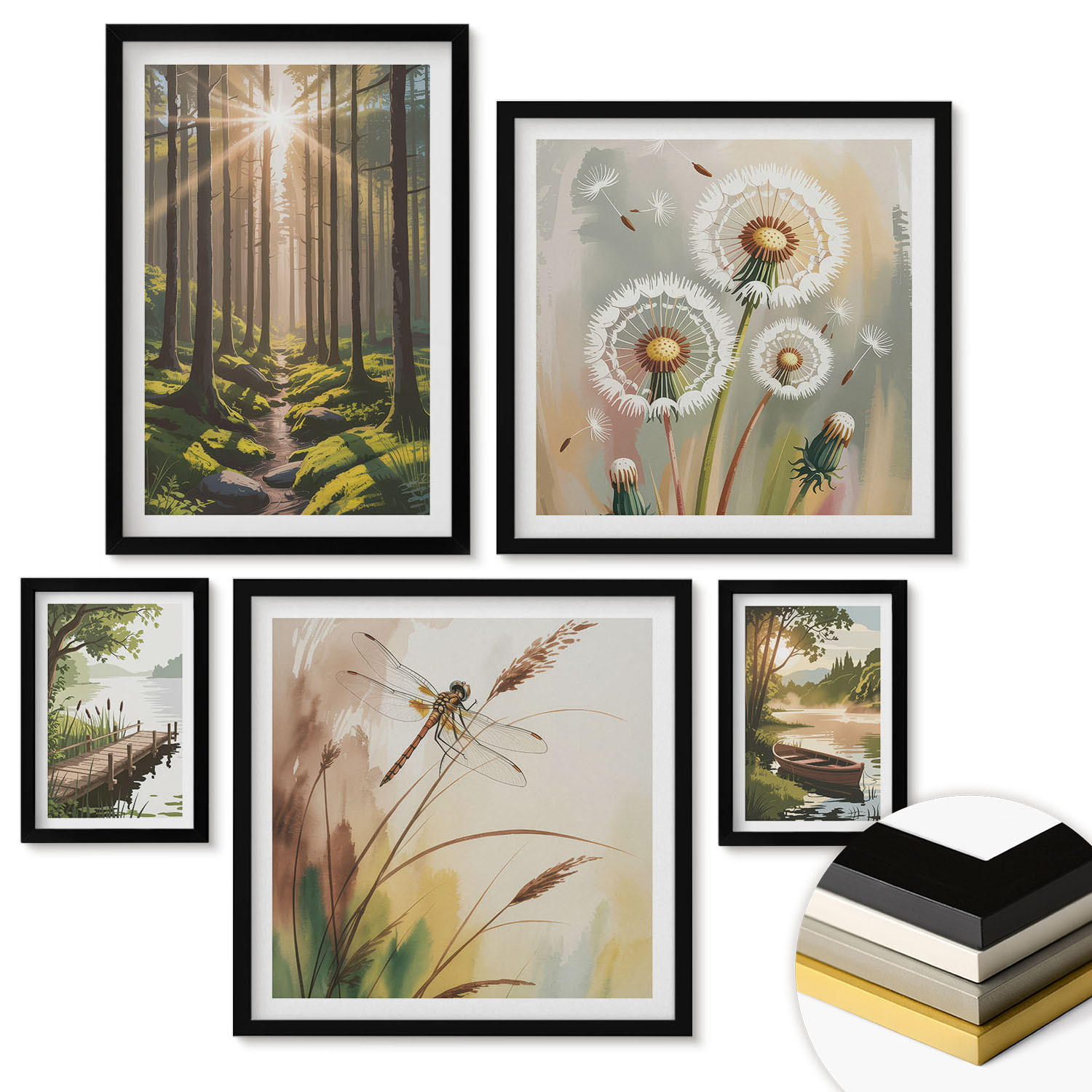 WANDBILDER 5er-Set - 50x50 cm & 20x30 cm & 40x60 cm Schwarzer Rahmen - See, Wald, Boot, Morgennebel - Schwarz, Kunststoff (40/60cm) - ArtPrintCave