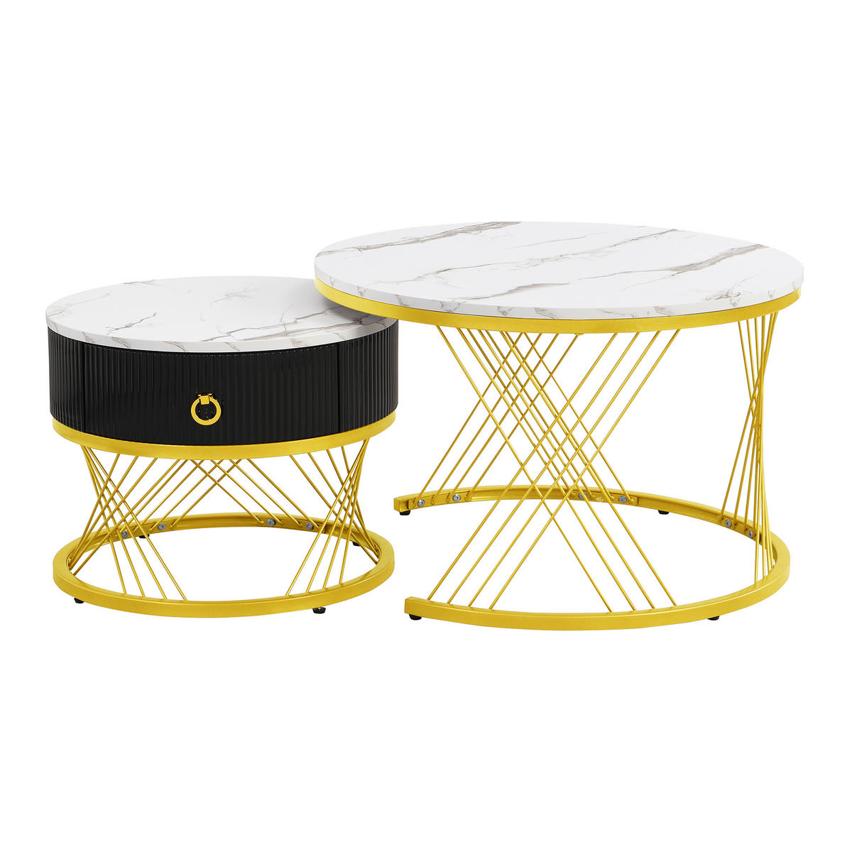 COUCHTISCH 2er-Set mit Schubladen Marmoroptik Golddekor zusammensetzbar - Weiß, Holzwerkstoff/Kunststoff (70/70/45cm) - EVRYAE