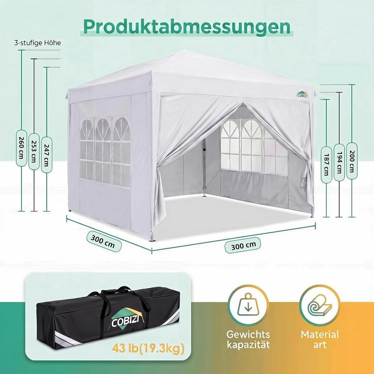 FALTPAVILLON 3x3m Weiß mit 4 Seitenteilen - Weiß, Textil (300/270/300cm)