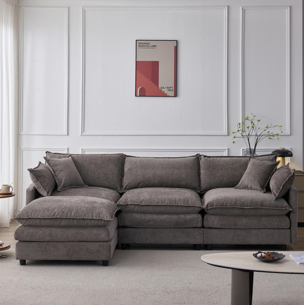 ECKSOFA 3-Sitzer mit Hocker, modulares Chenille-Sofa mit Federkern und abziehbaren Bezügen, Grau - Grau, Textil (267/154cm) - Redom