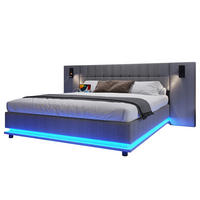ČALÚNENÁ posteľ z ľanu 180x200 cm sivá s LED osvetlením, USB portom, bodovým svetlom a bez matraca - sivá, textil (180/200cm) - Modfu