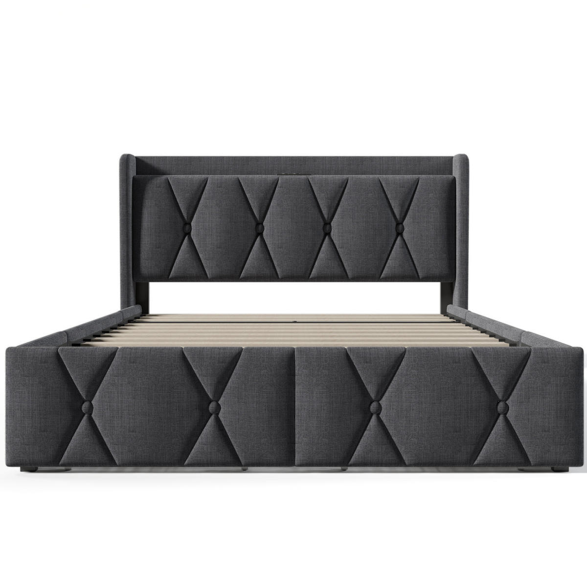 POLSTERBETT aus Leinen 140x200 cm Grau mit 4 Schubladen, Steckdosen, USB-Anschlüssen und Matratze - Grau, Textil (140/200cm) - IVMEU