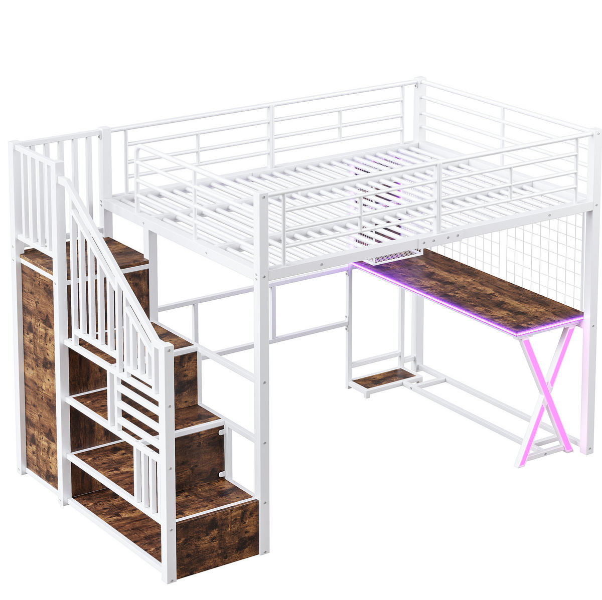 HOCHBETT 140/200 cm Weiß mit LED-Beleuchtung, Schreibtisch und Kleiderschrank - Weiß, Metall (140/200cm) - Flora Grace