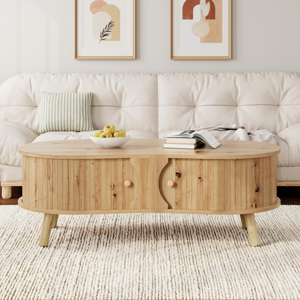 COUCHTISCH organisch Rillenoptik 2 Schiebetüren - Naturfarben, Holz (50/108/37cm) - LEBENLANG