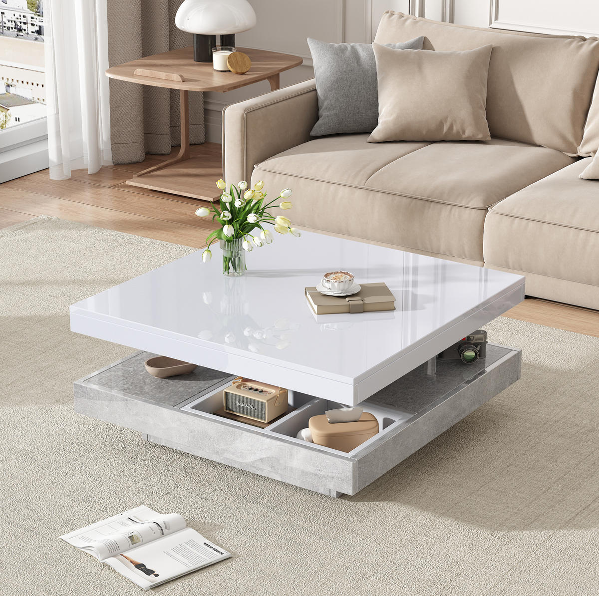 COUCHTISCH 70/70/36 cm weiß/marmor aus Spanplatte mit 360° drehbarer Platte - Weiß, Holzwerkstoff (70/70/36cm) - OKMYHOME