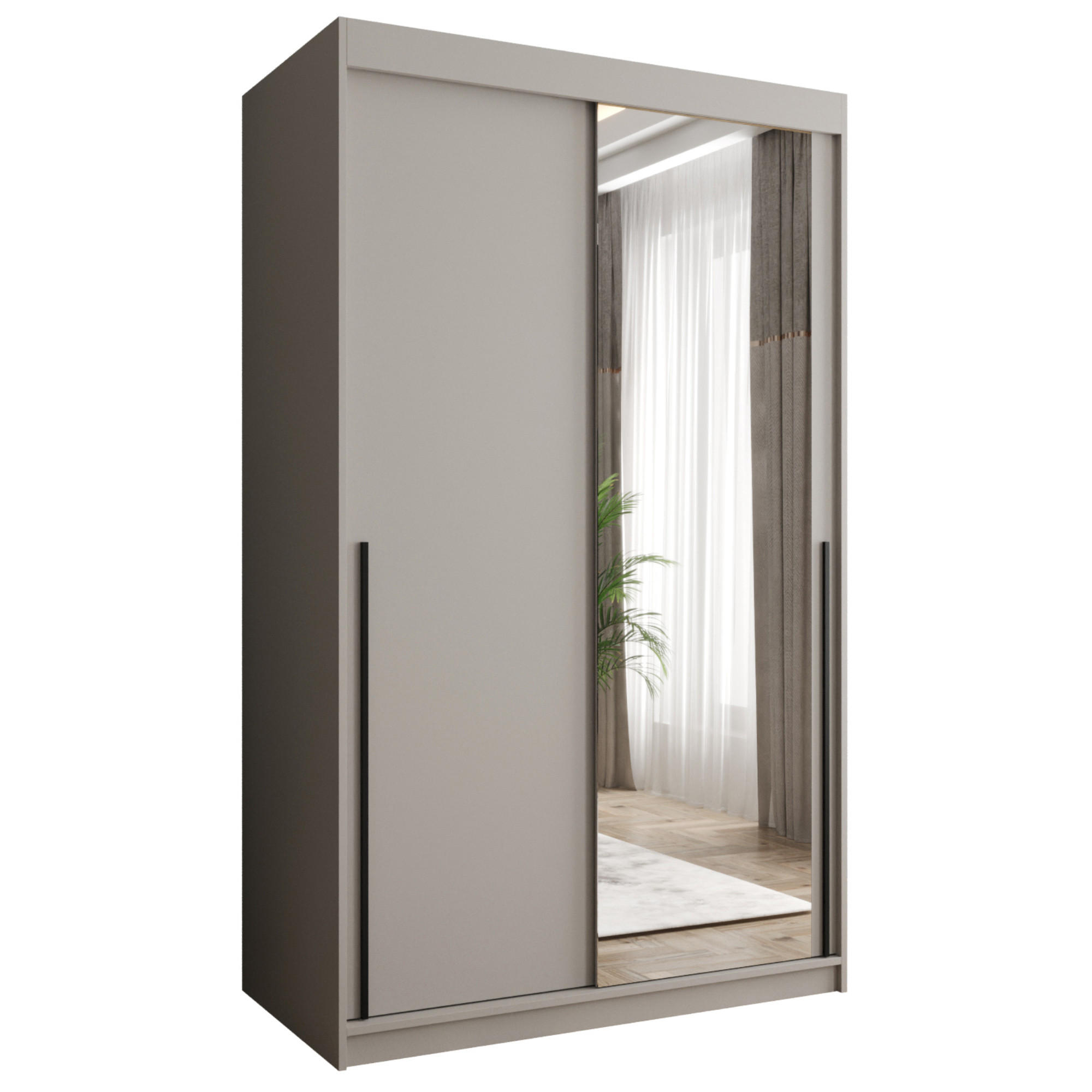 SCHIEBETÜRENSCHRANK mit Spiegel 120 cm Breite Kaschmir mit schwarzem Griff - Kaschmir/Schwarz, Holzwerkstoff (250/200/62cm) - Home Collective
